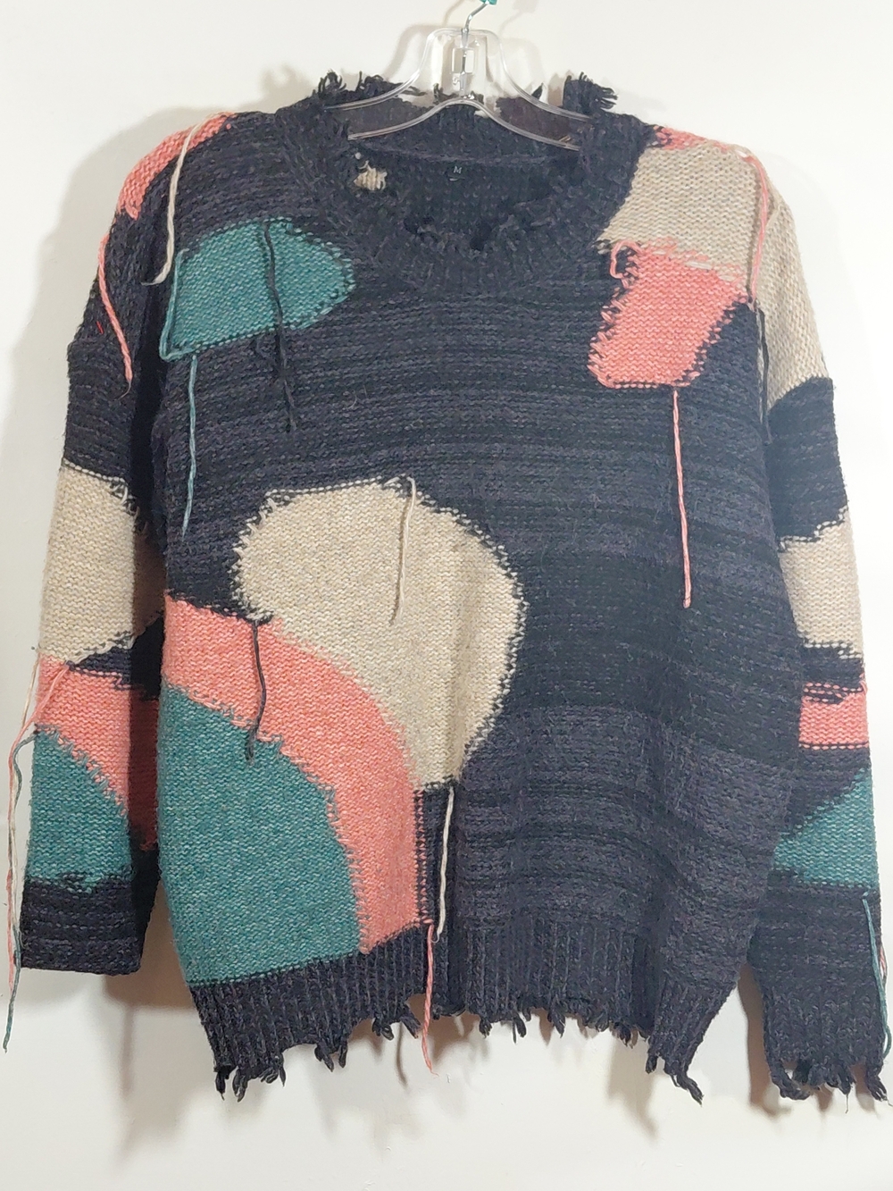 Men's Gray Abstract Patchwork Peach Teal Long Sleeve Knit Sweater - Unbranded
